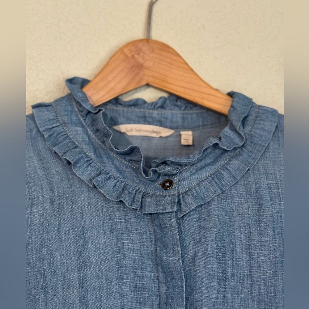 Soft Surroundings Women's Blue Denim Chambray RUFFLE blouse Xl EUC